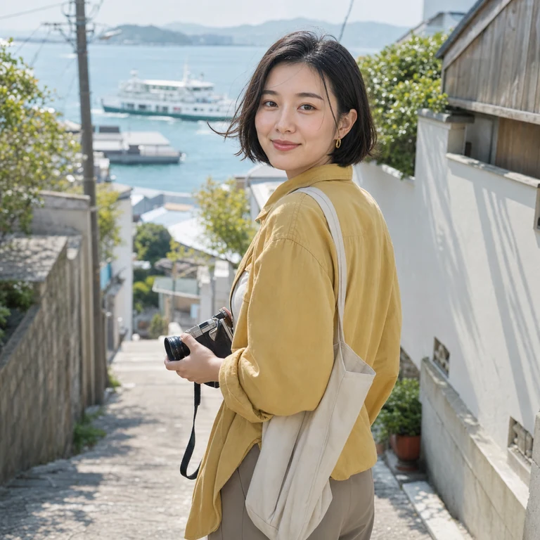 海辺の坂道でカメラを手に振り返る朝倉芽衣