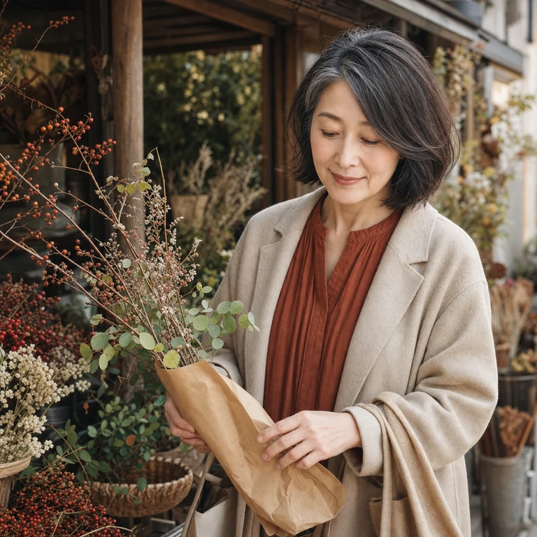 花市で季節の枝を選ぶ藤森恵子
