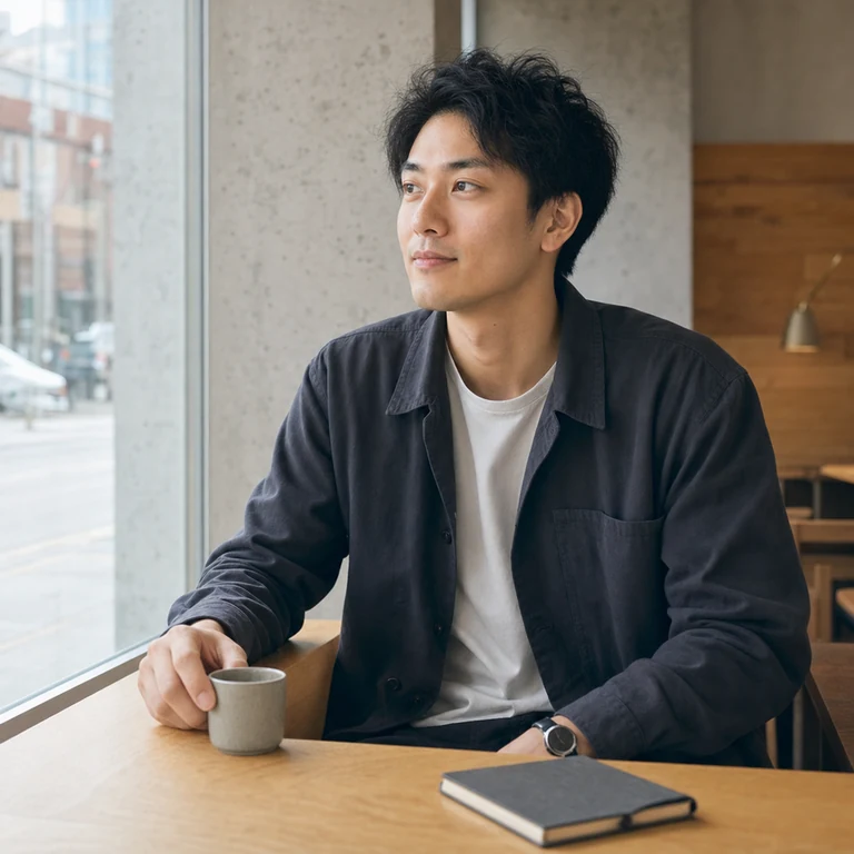カフェの窓辺で外を見る黒田蓮