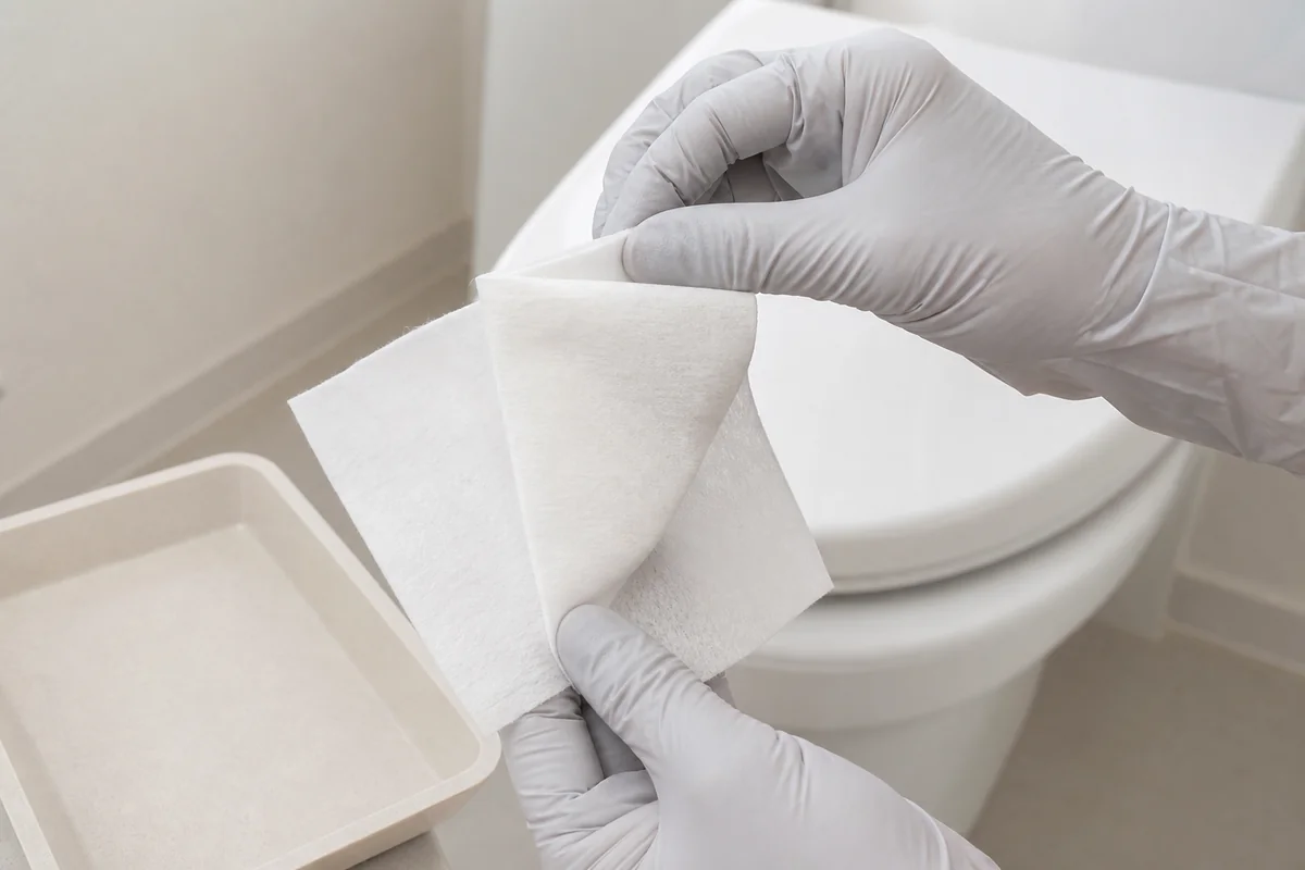 無地の手袋を着けた手が、白いトイレ用掃除シートを新しい面へ折り替えている様子