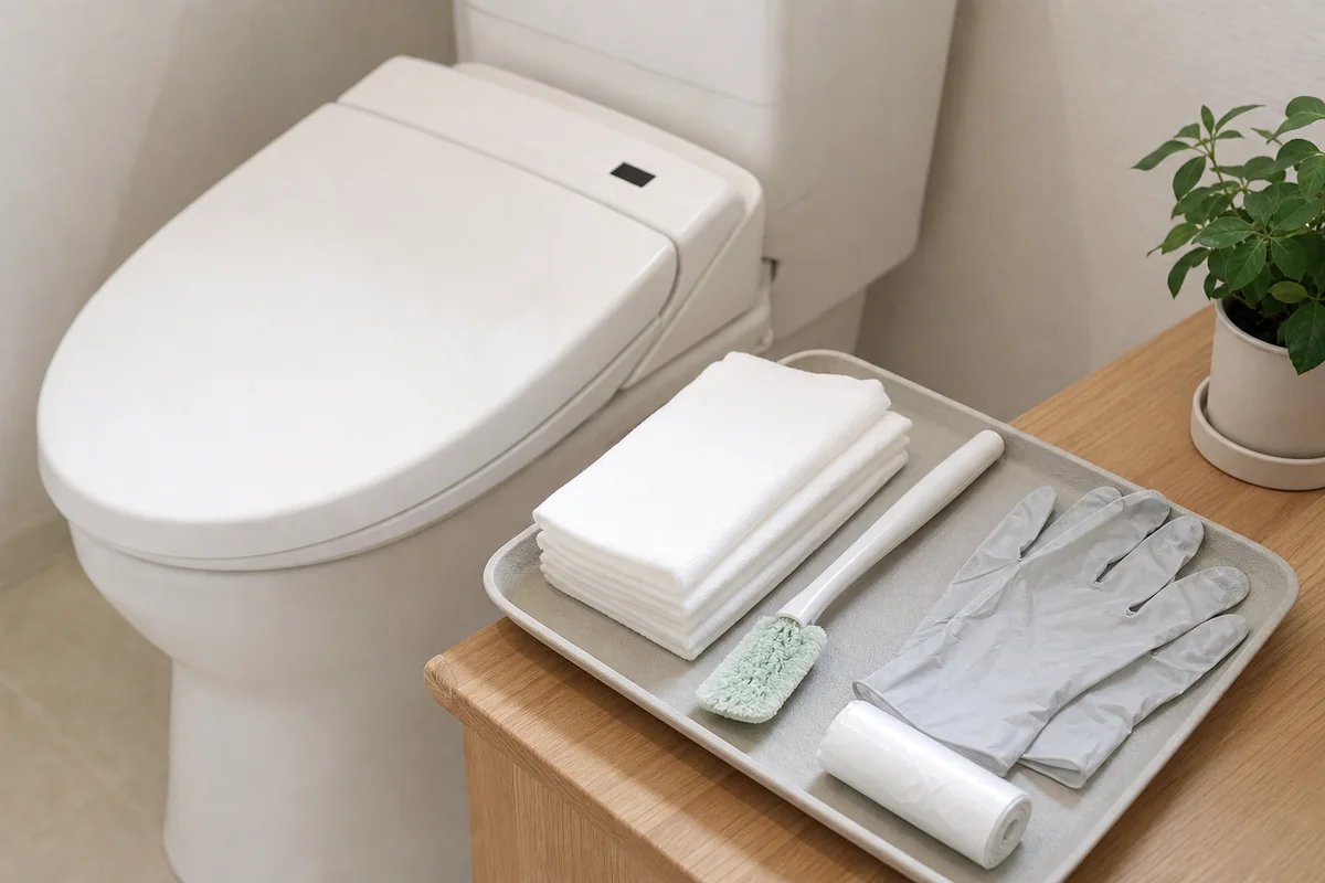 白いトイレ空間で、無地の使い捨て掃除シート・付け替え式ブラシ・手袋・小さなごみ袋を整えて置いた様子