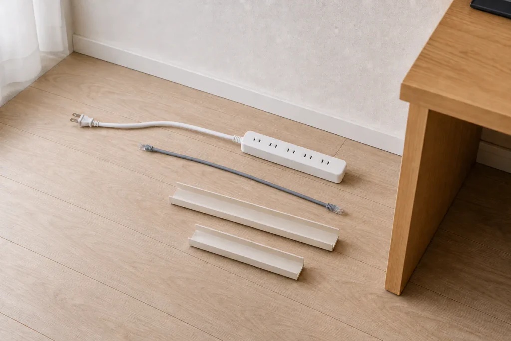 賃貸の部屋で、未接続の電源タップとLANケーブルを分け、配線カバーの内寸を比べている準備