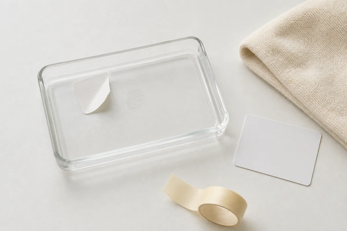 オフホワイトの机上で、小さなシール跡のあるガラストレーと柔らかい布・プラスチックカード・弱粘着テープを並べた様子